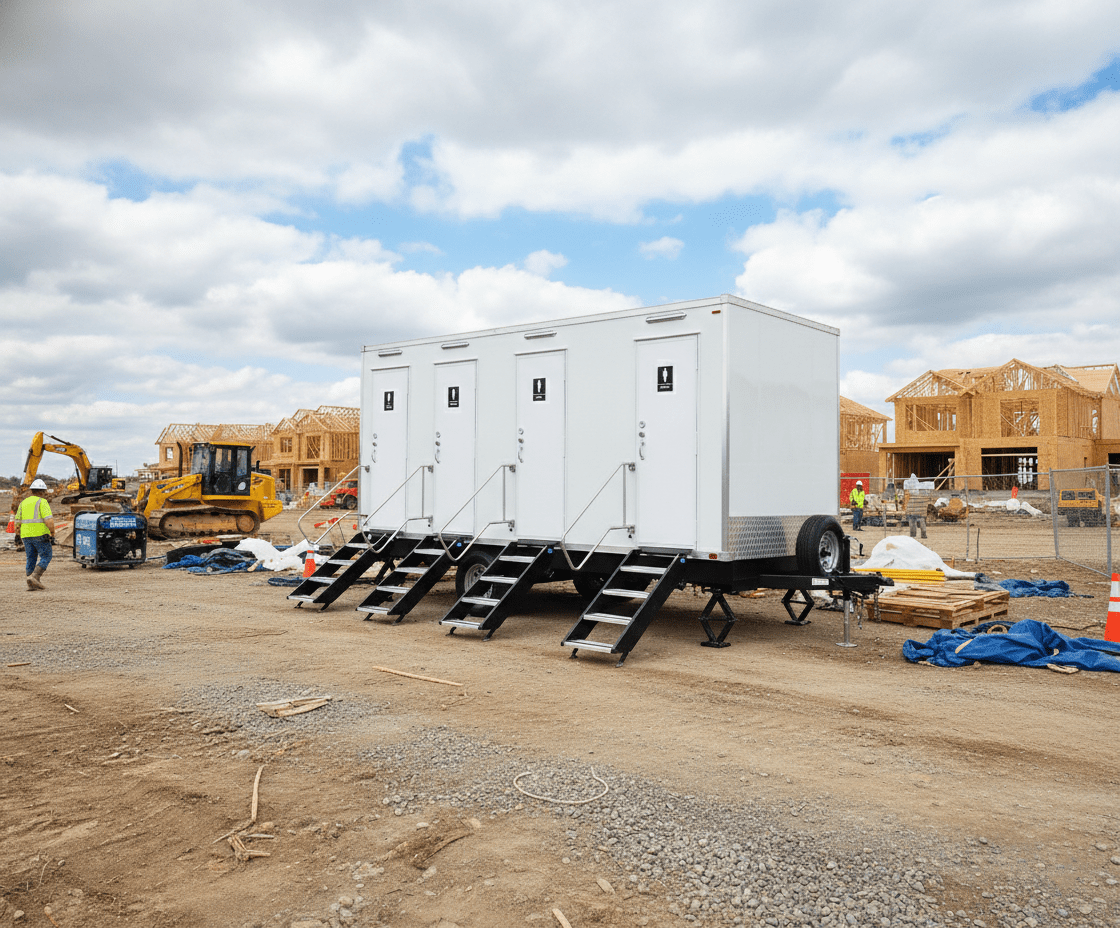 A portable restroom trailer at a construction site with workers and partially built wooden houses in the background under a partly cloudy sky.