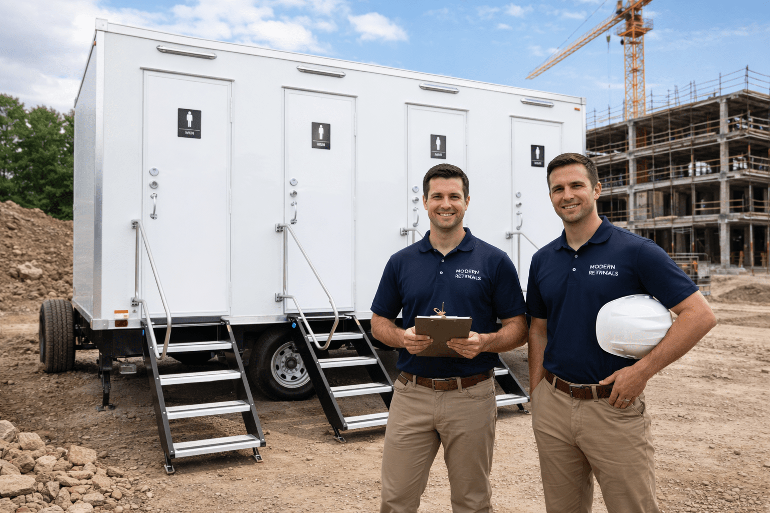Two male construction workers standing outdoors in front of portable toilets at a construction site. One is holding a clipboard, while the other is holding a white safety helmet. They are both smiling and wearing navy blue polo shirts with 'Modern Restrooms' logo.
