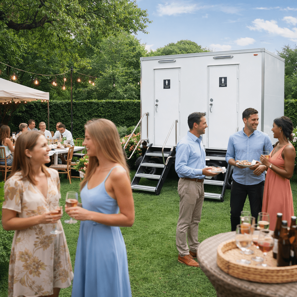 People socializing outdoors at a gathering with a portable restroom trailer in the background, surrounded by greenery and string lights.