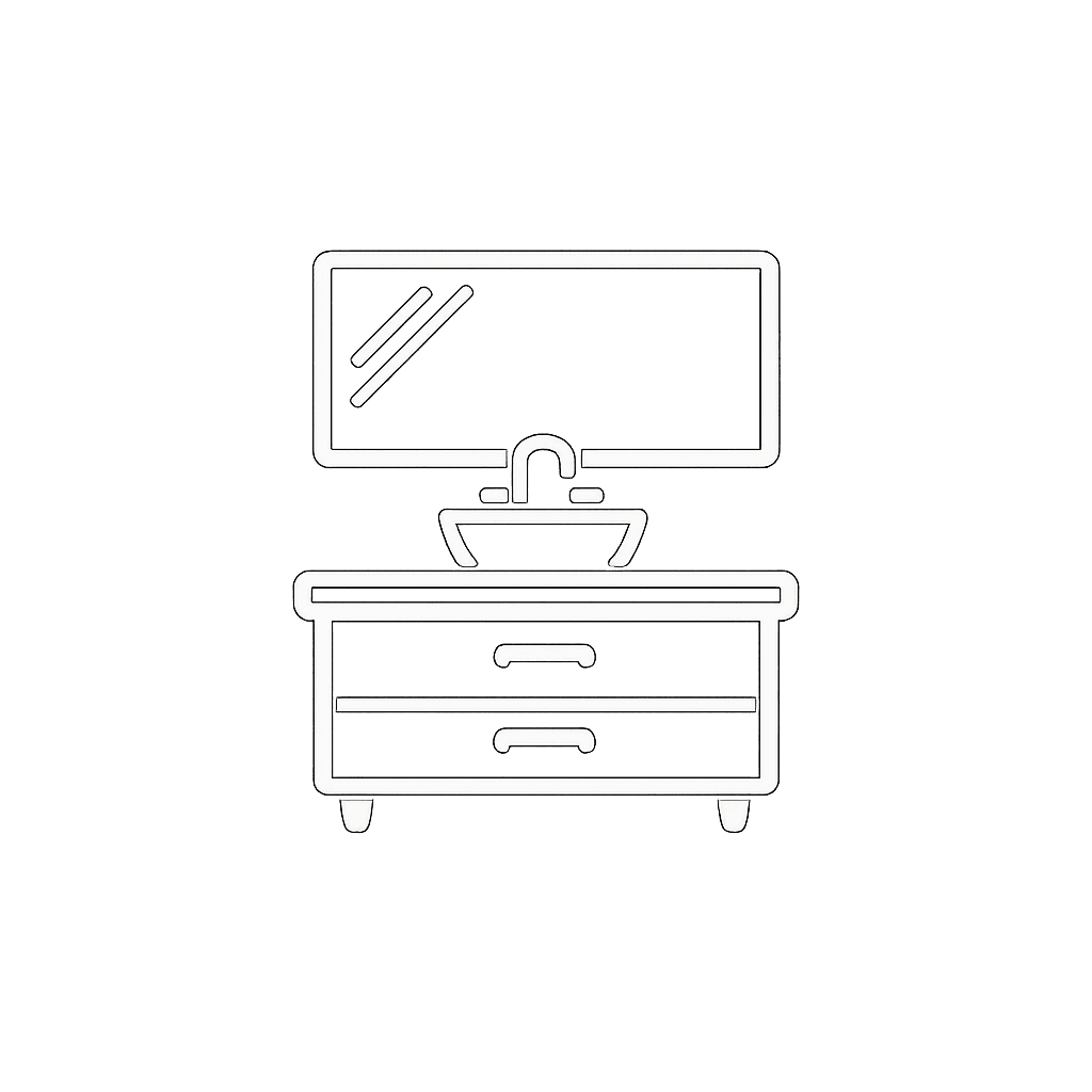 A black background with colorful vertical light streaks and a line drawing of a cabinet with a mirror, a sink, and two drawers.