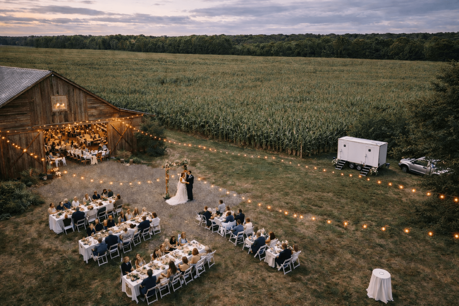 A wedding ceremony taking place outdoors at dusk near a rustic barn with string lights, where the bride and groom are exchanging vows in front of seated guests, with a large green field and trees in the background.