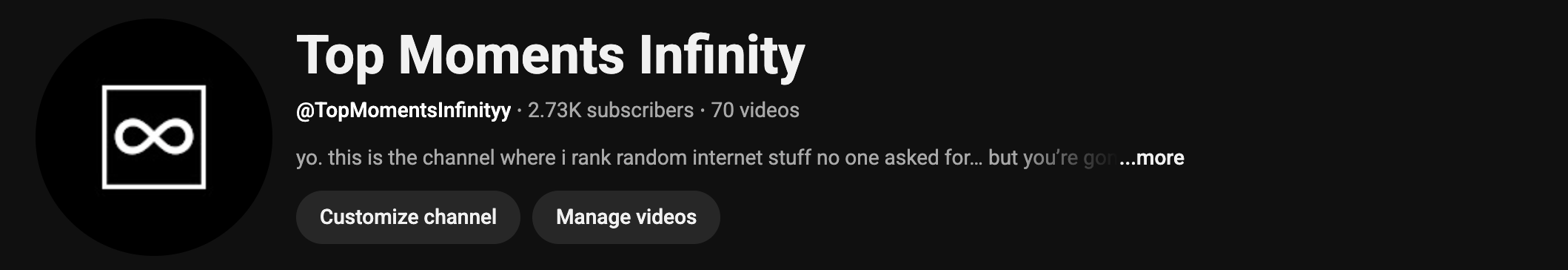 Profile picture of a YouTube channel called Top Moments Infinity, with a black background and a white infinity symbol inside a square.