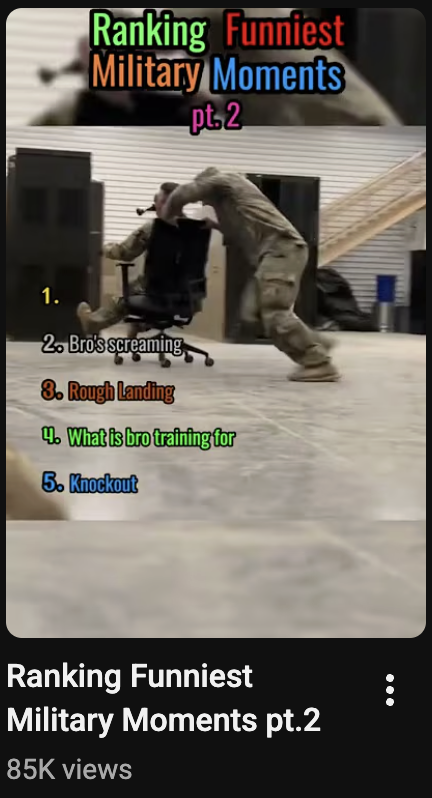 Two military personnel are engaged in a humorous training scene indoors, with one person pushing a chair while the other reacts. The image includes colorful text describing the video as "Ranking Funniest Military Moments pt. 2" with numbered captions: 1. "", 2. "Bro's screaming", 3. "Rough Landing", 4. "What is bro training for", 5. "Knockout".