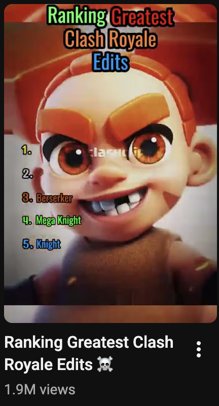 A cartoon character with orange eyebrows, large eyes, and a mischievous smile, displaying a ranking list of Clash Royale characters in different colors.