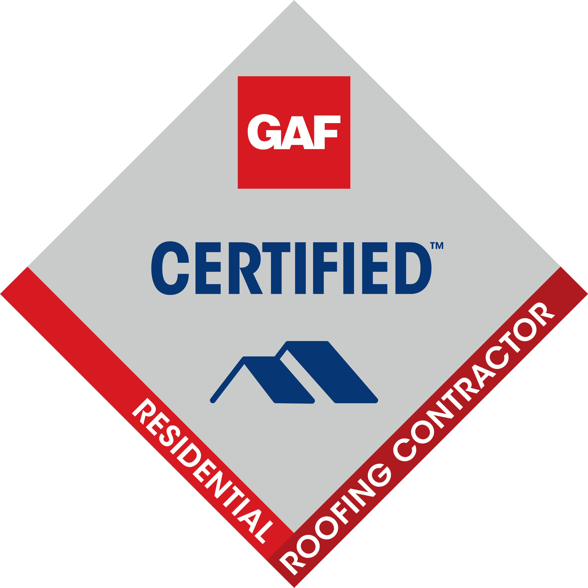 GAF Certified Residential Roofing Contractor badge with red, white, and blue colors, featuring a house graphic.