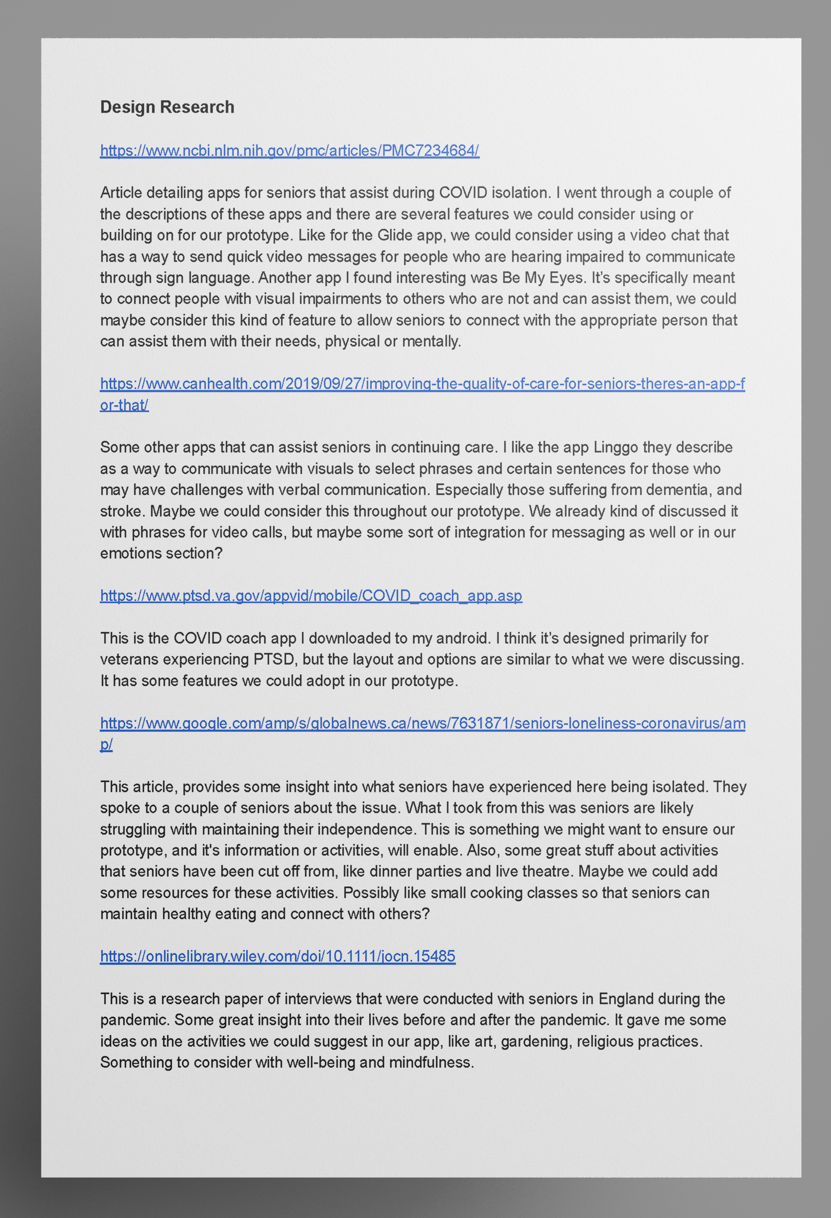 Design Research: Sample of design and user research for analysis.