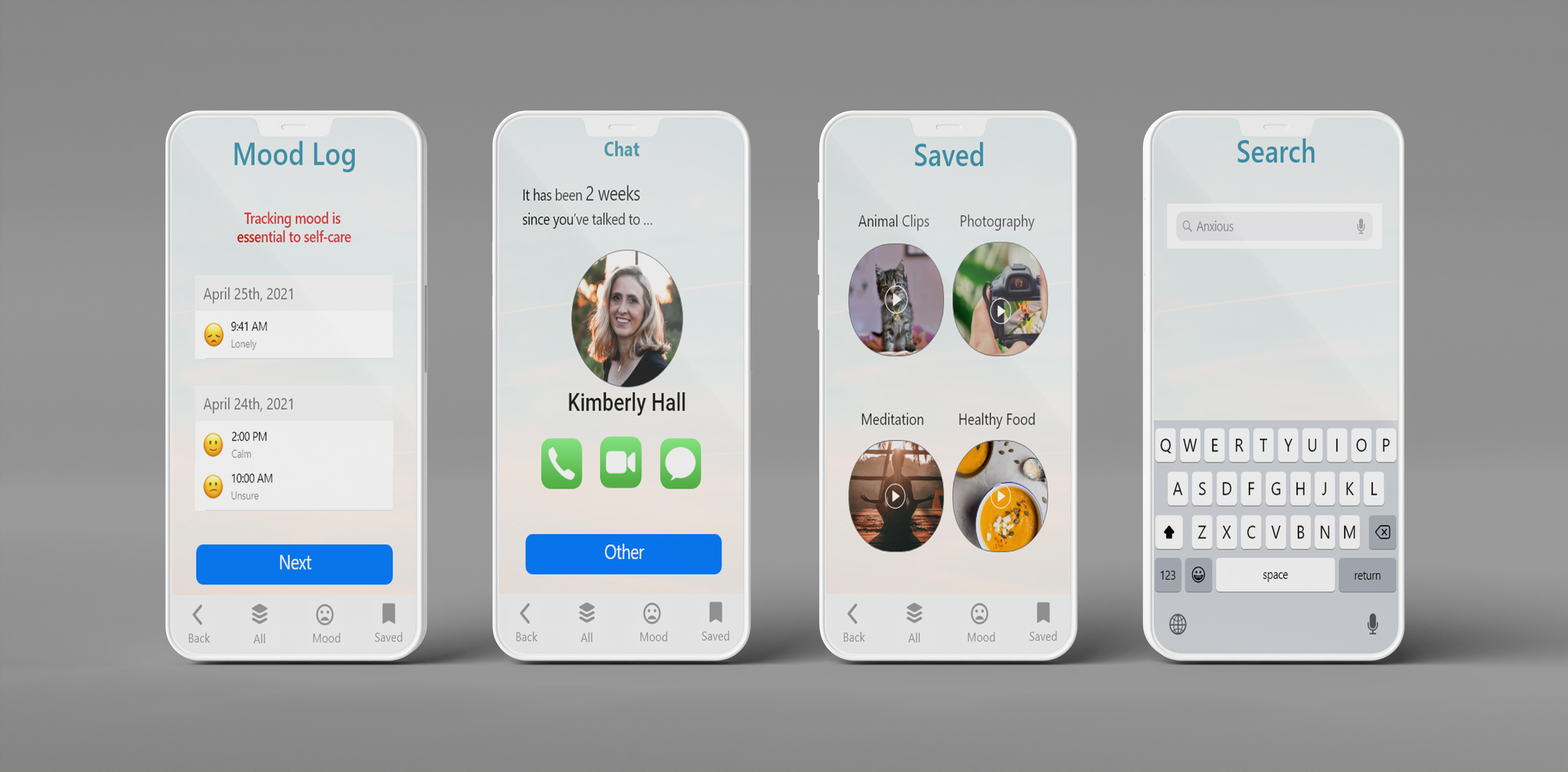 Final Concept: User interfaces for mood tracking, chat function, saved activities, and search function with voice to text.