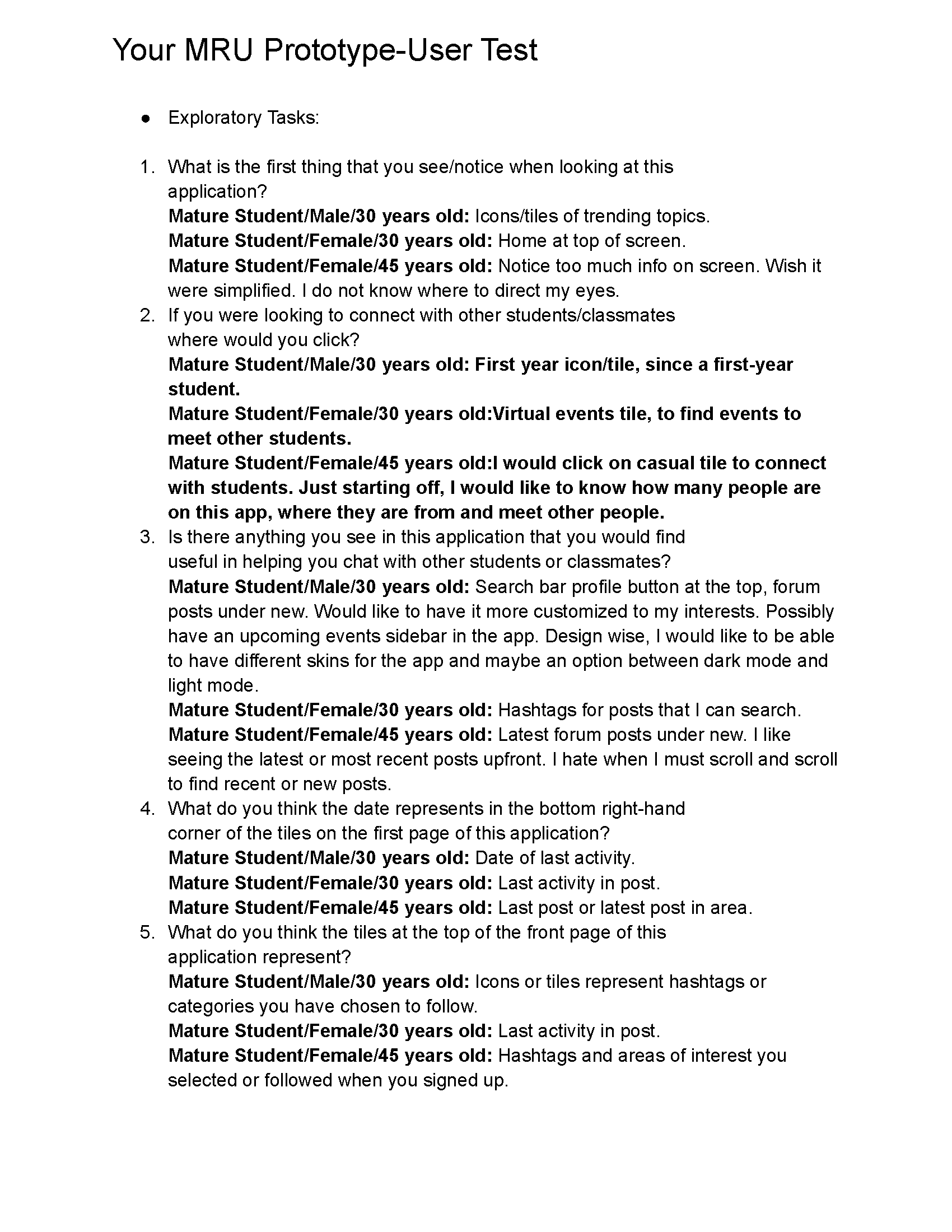 User Testing: User exploratory tasks and testing results.