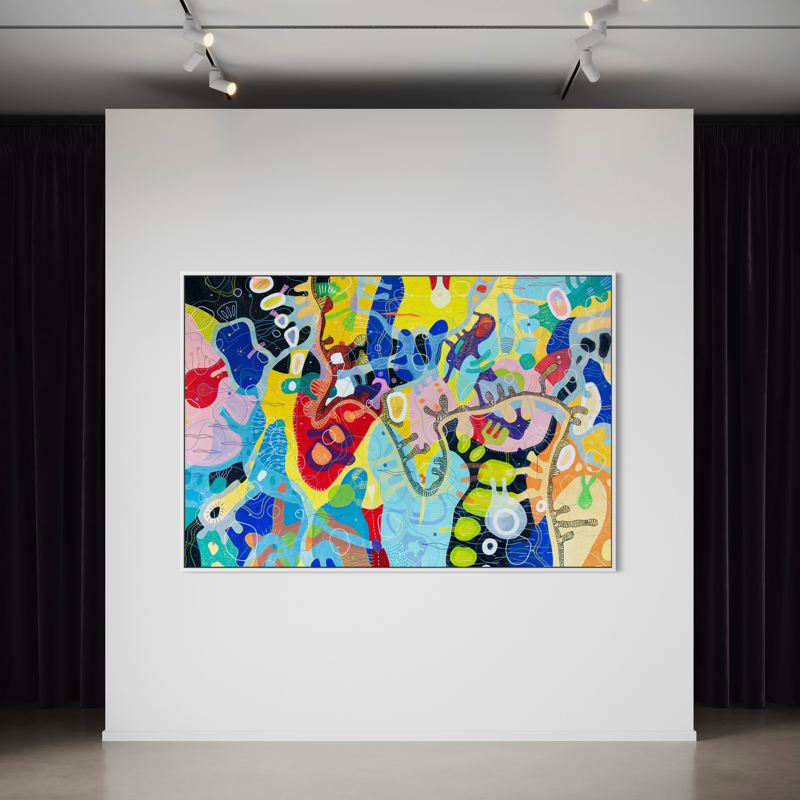 Riproduzione astratta colorata in un quadro in un'illuminazione di galleria d'arte