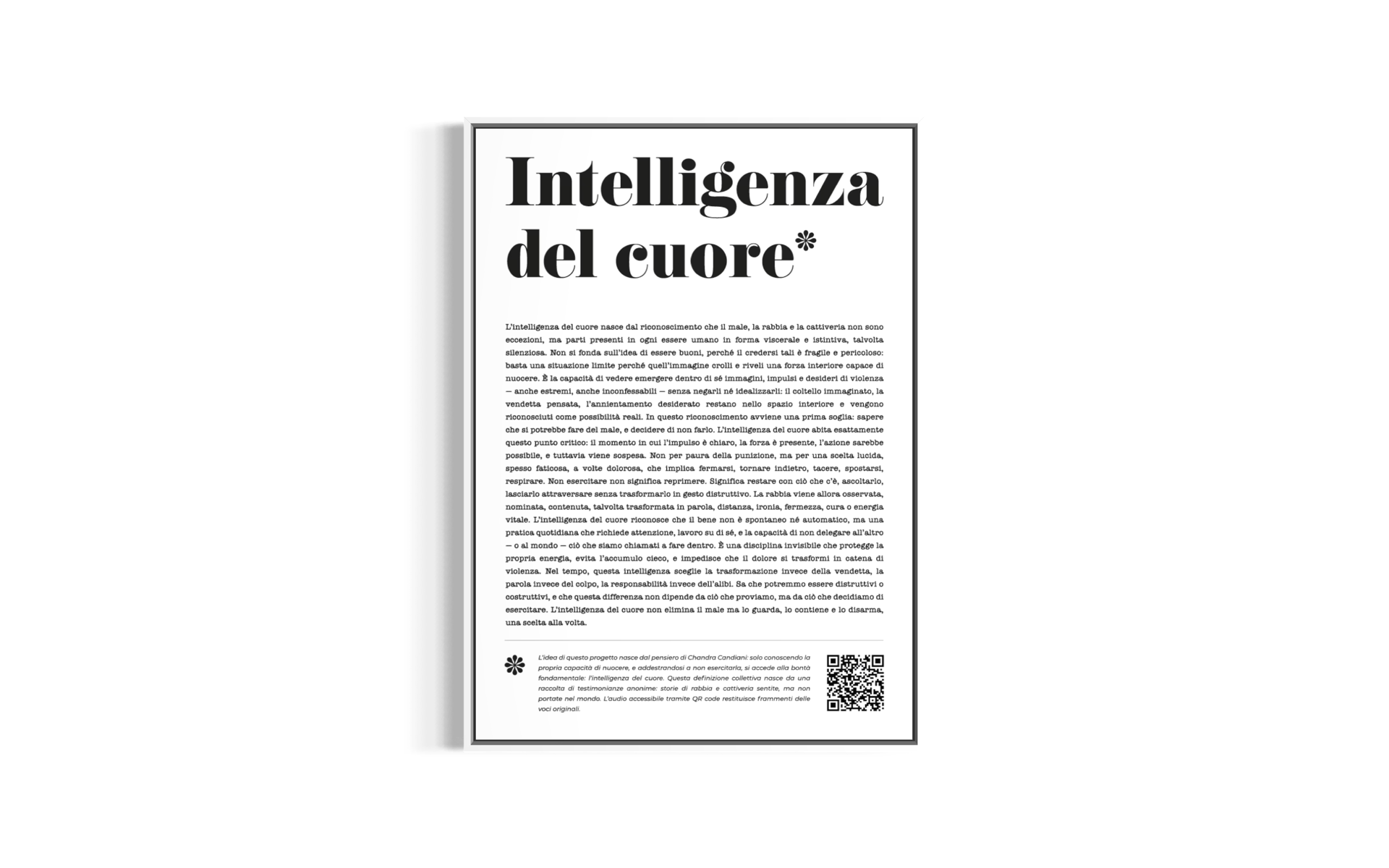 Titolo: Intelligenza del cuore* con un testo descrittivo sulla relazione tra emozioni, cuore e intelligenza, e un QR code alla fine del testo.