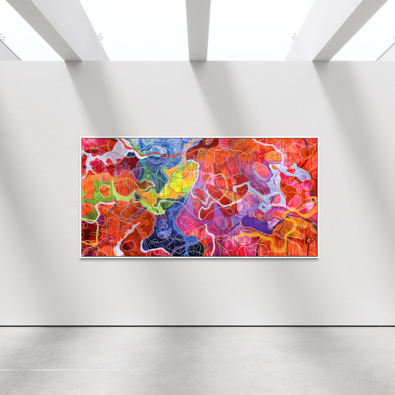 Opera d'arte astratta con spruzzi di colori vivaci come rosso, arancione, viola e verde, con linee sottili bianche e nere.