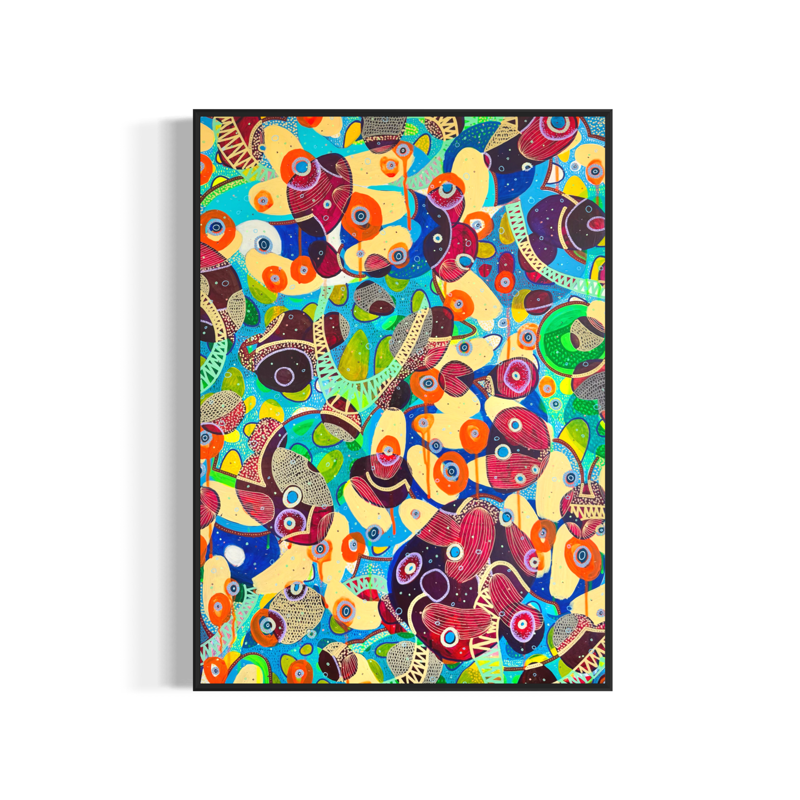 Dipinto astratto con forme geometriche e colori vivaci come rosso, blu, verde, giallo e arancione.