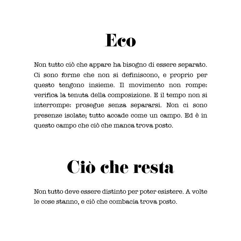 Pagina di testo con due sezioni intitolate 'Eco' e 'Ciò che resta', contenente riflessioni sulla separazione, l'unità e l'equilibrio tra le cose.