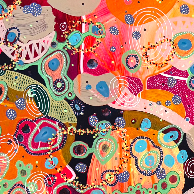 Disegno astratto con forme colorate, cerchi, linee e puntini di vari colori su sfondo scuro.