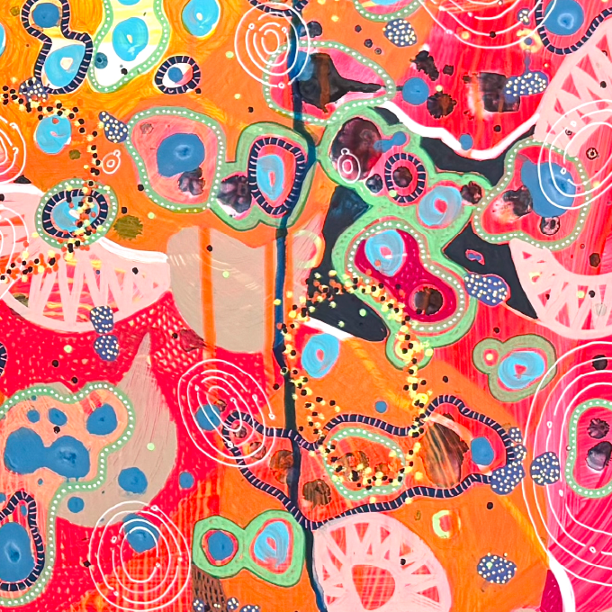 Dipinto astratto con colori vivaci come arancione, rosso, pink, blu e verde, con forme circolari e linee curve, alcune con punti e pattern decorativi, creando un effetto dinamico e astratto.