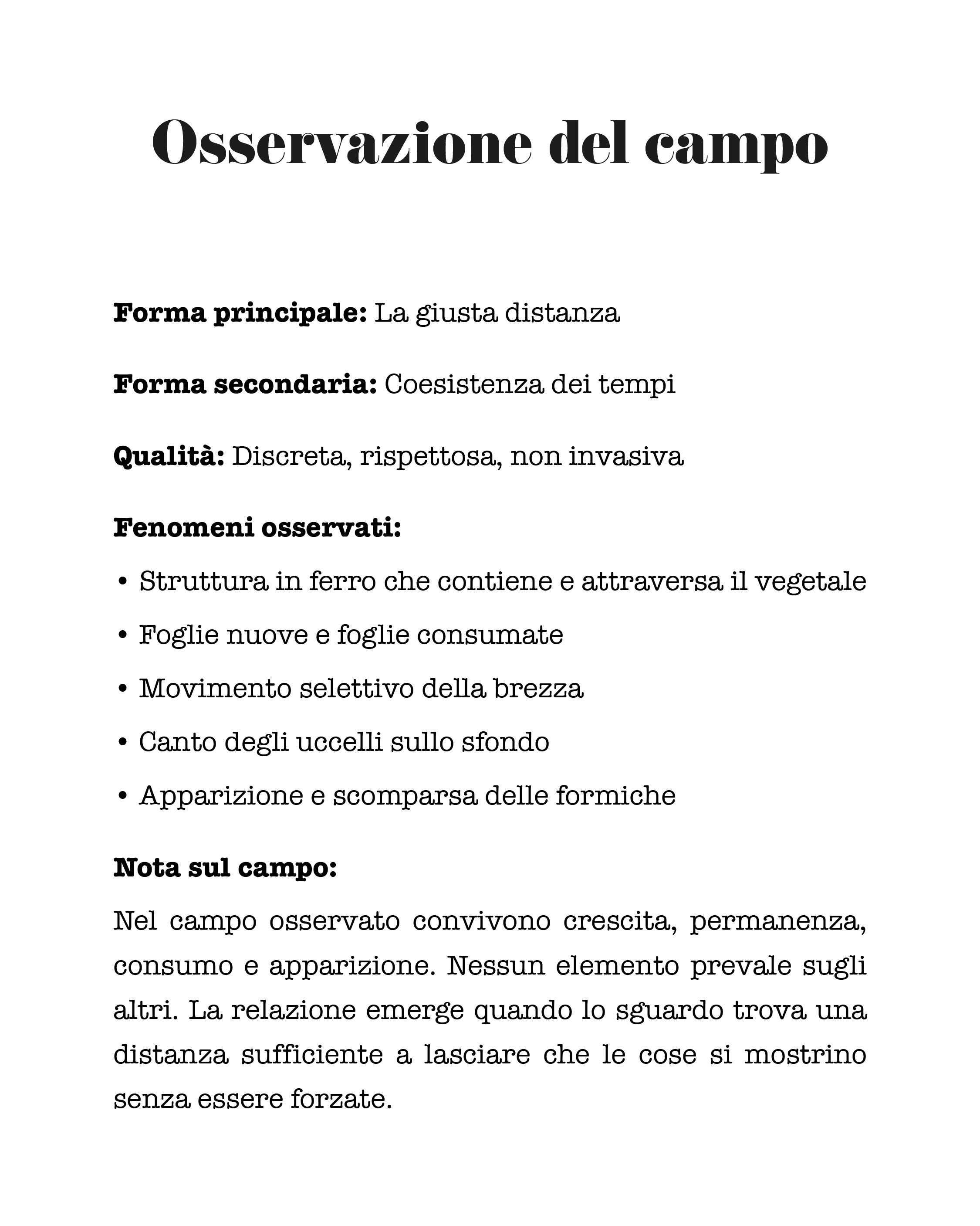 Pagina con testo sulla osservazione del campo, elencando forme, qualità e fenomeni osservati, con una nota sul campo.