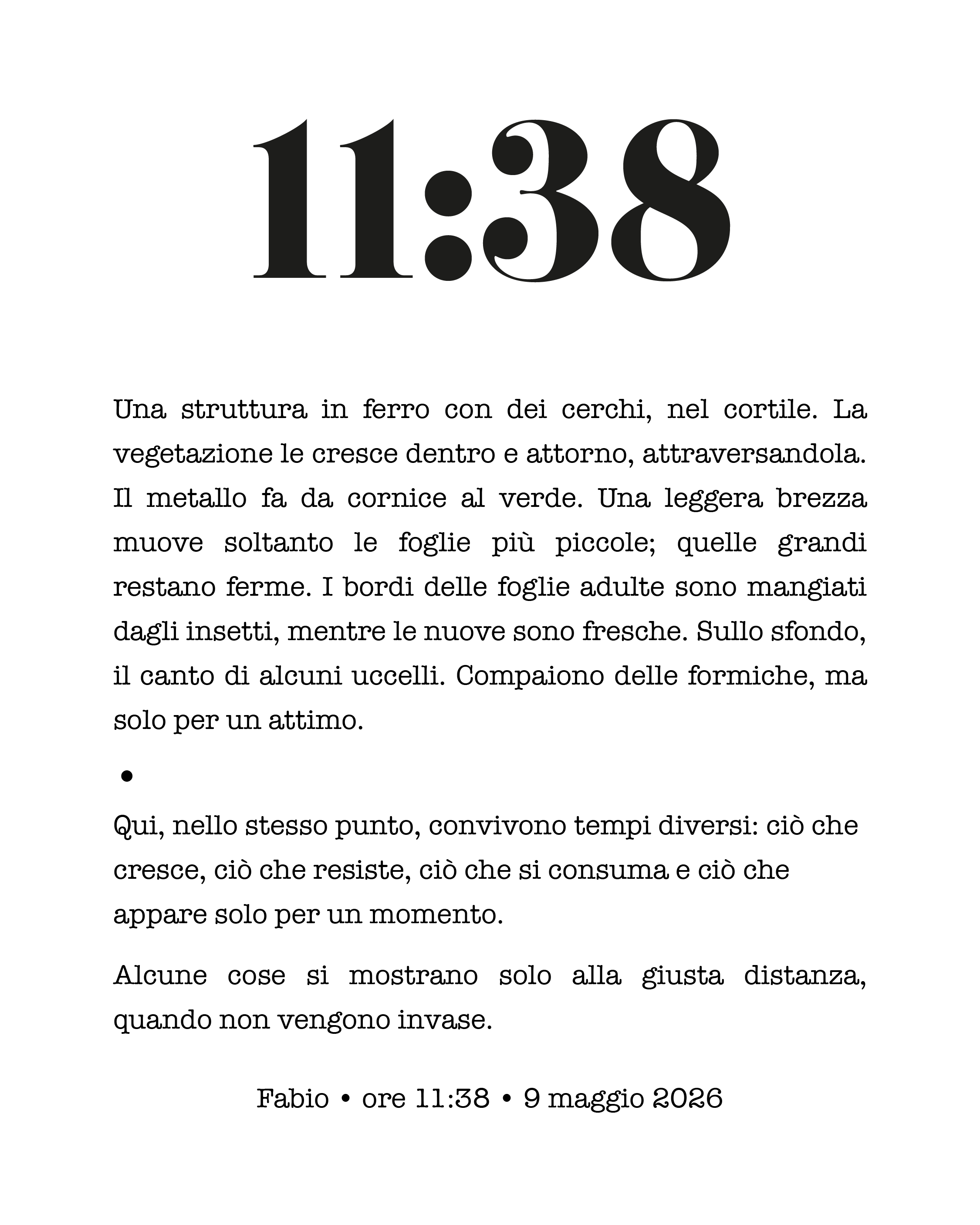 Un orologio digitale mostra l'ora 11:38. Sotto, un testo descrive una struttura in ferro con cerchi nella corte, la crescita della vegetazione, il movimento delle foglie, le differenze tra le foglie giovani e mature, e il funzionamento di alcuni uccelli. In fondo, sono indicati l'autore, l'ora e la data.