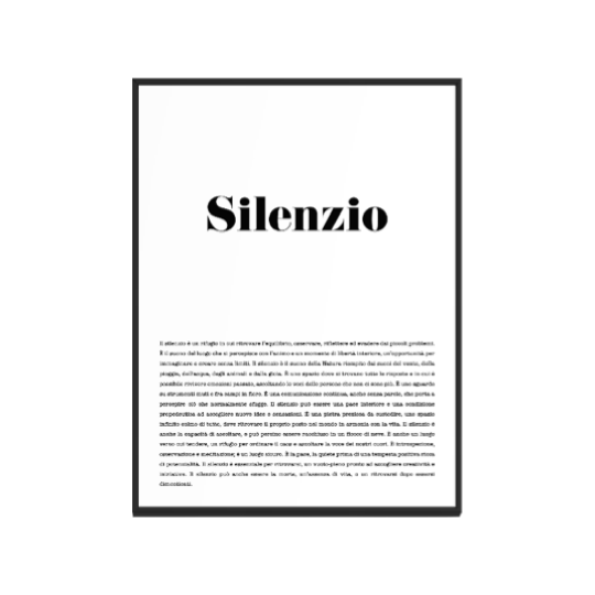 Pagina di testo con il titolo 'Silenzio' e un sottotitolo in italiano, con un bordo nero attorno.