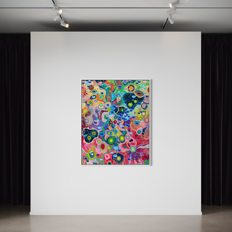 Quadro astratto con colori vivaci in una galleria d'arte