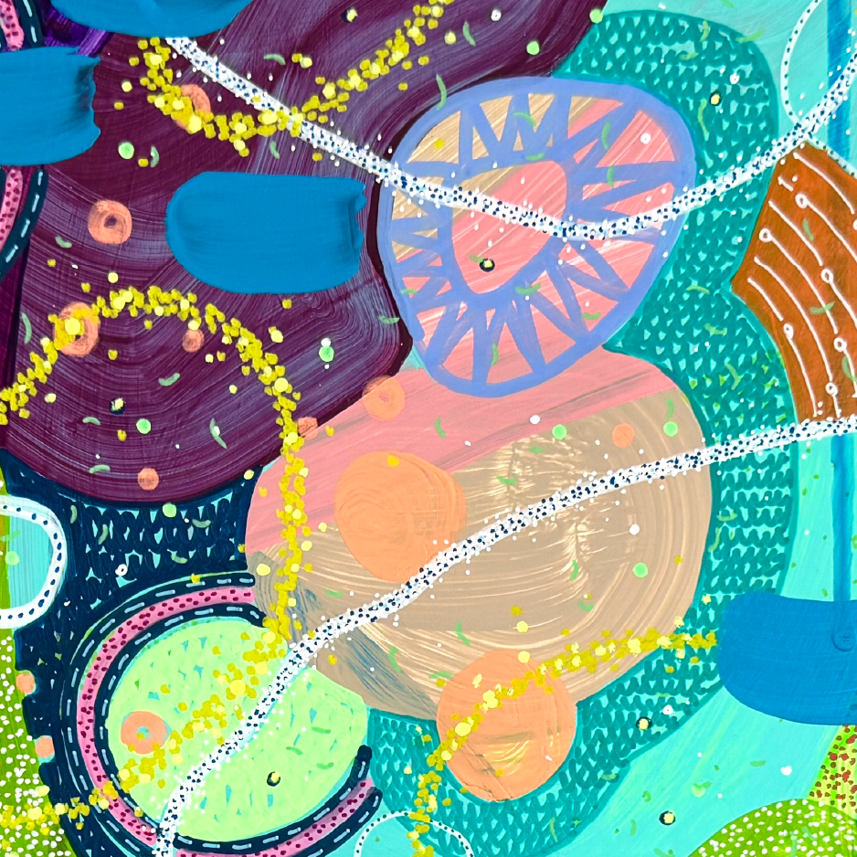 Dipinto astratto con forme circolari, linee colorate e puntini di varie dimensioni, in colori vivaci come blu, rosa, arancione, verde, giallo e viola.