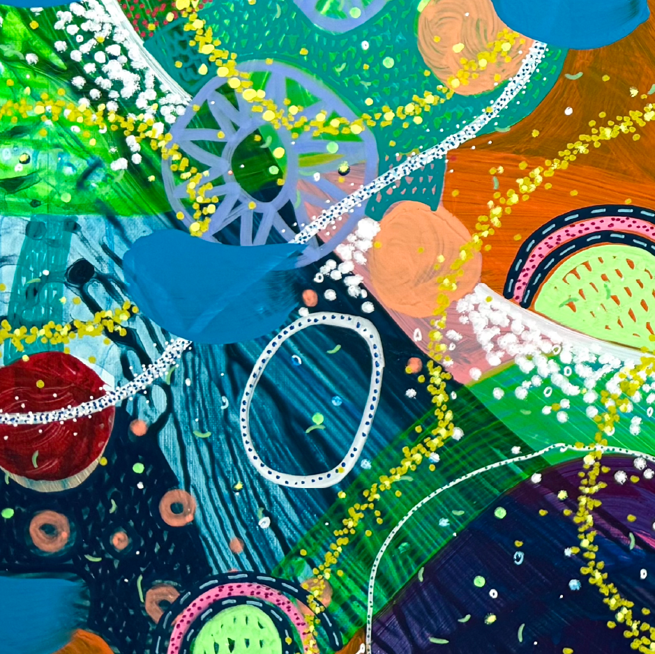 Dipinto astratto con forme geometriche, colori vivaci e linee curve, che include cerchi, linee punteggiate e punti di diversi colori