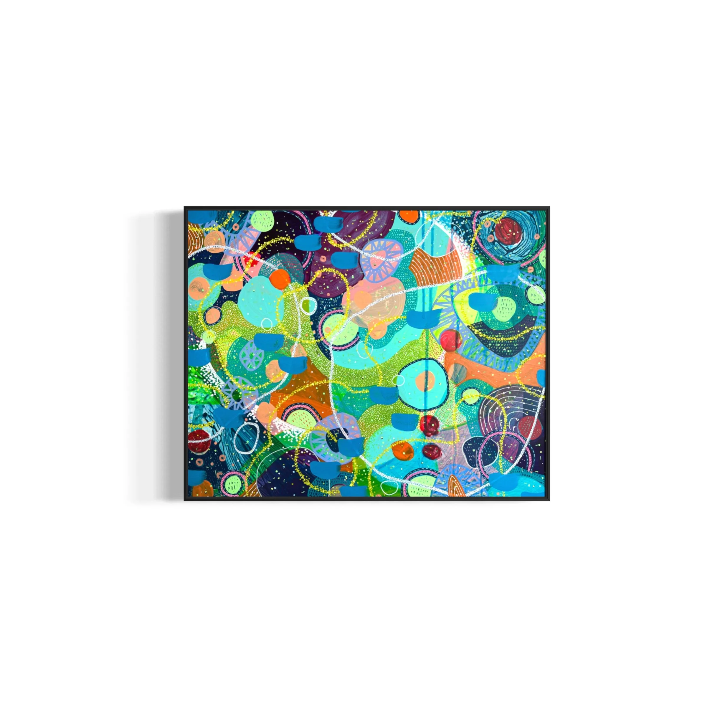 Dipinto astratto con forme geometriche colorate e linee sovrapposte.