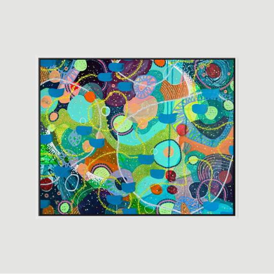 Dipinto astratto con forme geometriche colorate e linee sovrapposte.