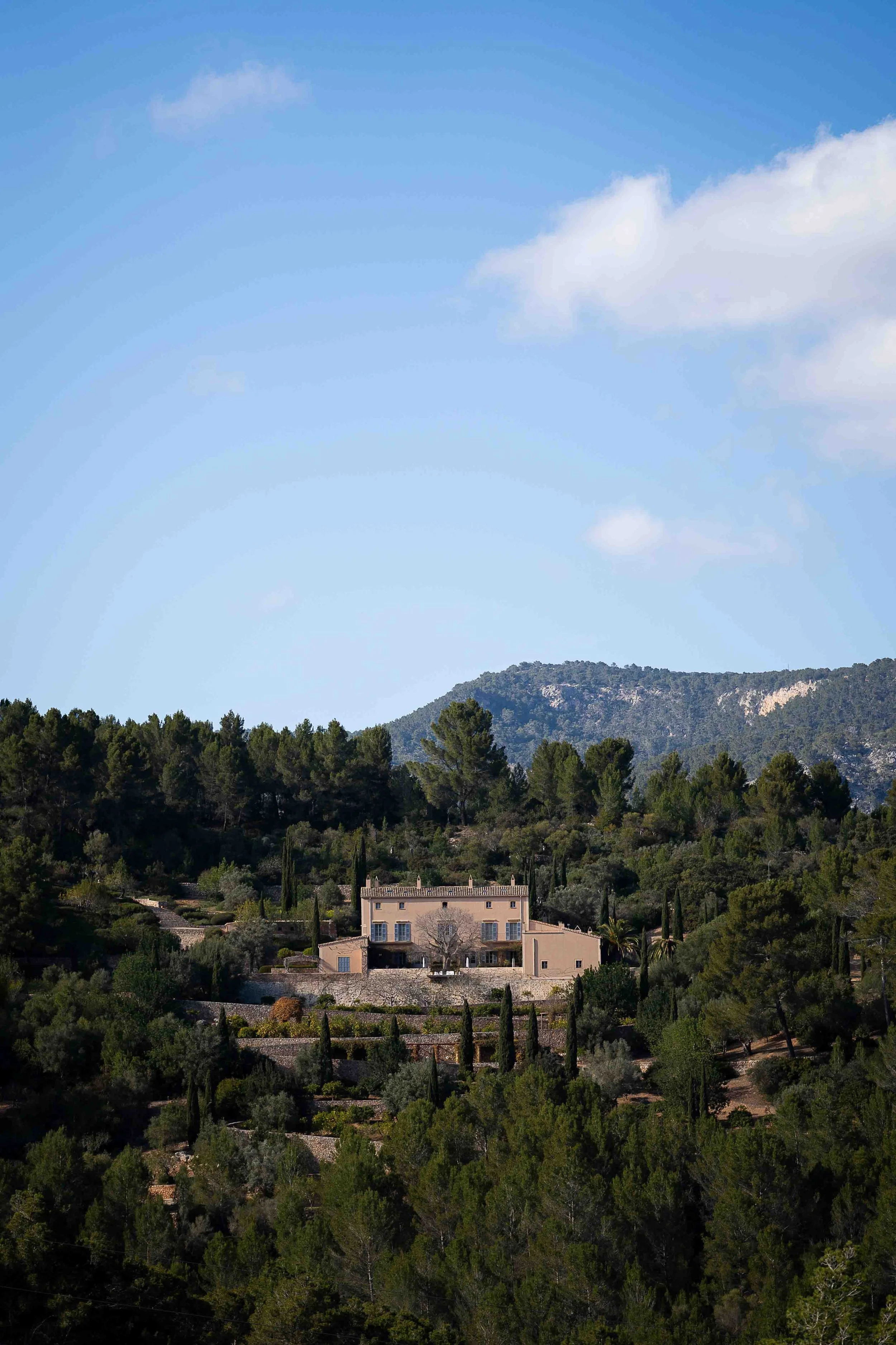 A large house on a hillside surrounded by trees and greenery under a blue sky with scattered clouds.