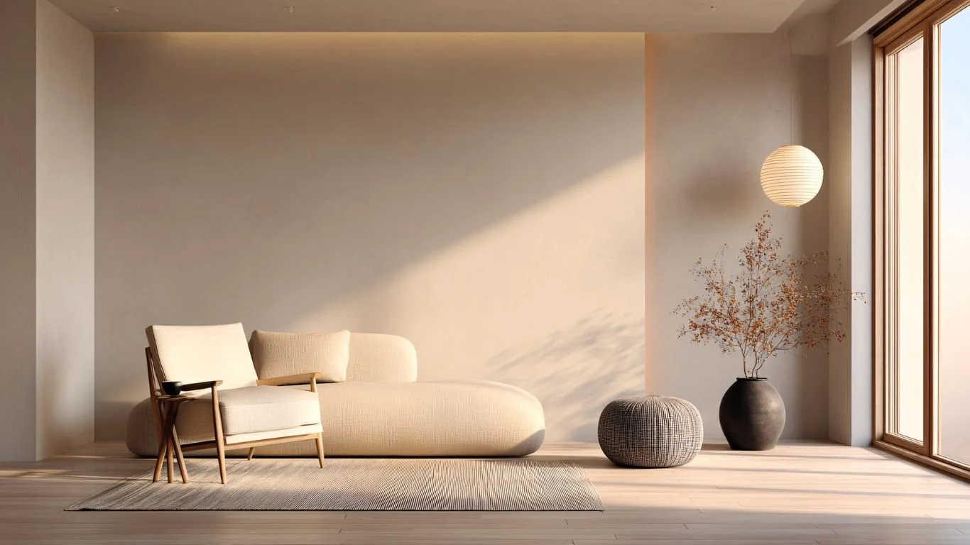 Minimalist living room with a cream-colored sofa, a wooden armchair, a grey textured pouf, and a large black vase with dried branches, illuminated by natural light from large windows.