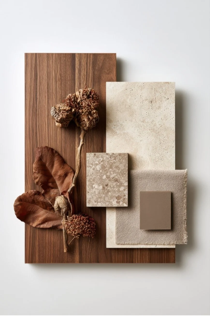 Arrangement of wooden and stone material samples with dried leaves and flowers on a white background.