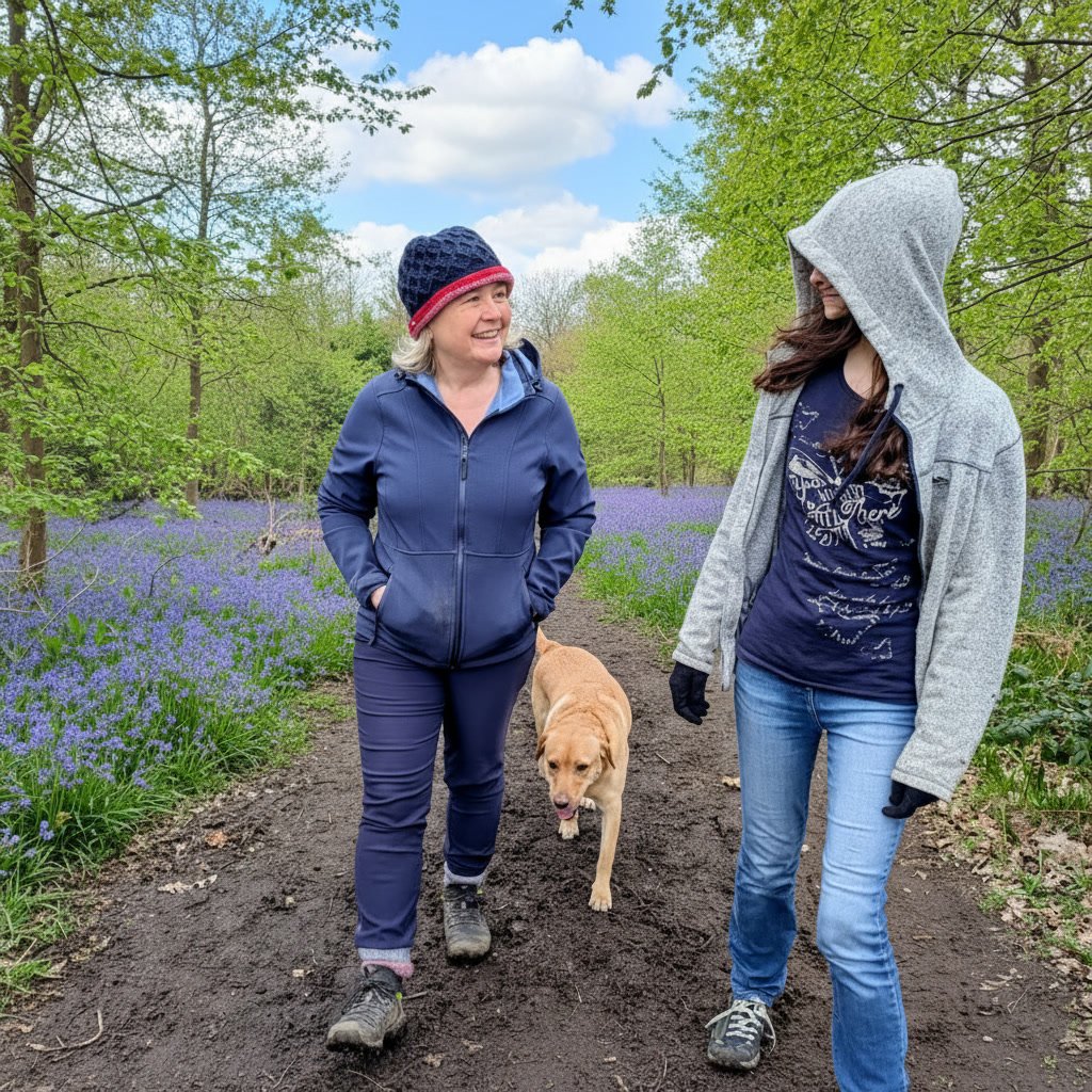 A lady in a blue hat and coat walking with a teenager in a grey hoodie and a labrador