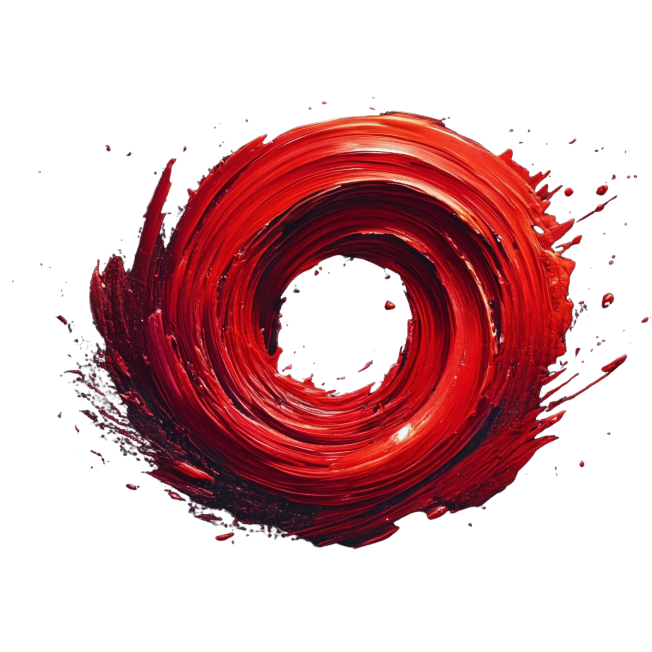 Red and black abstract swirl with splattered paint effect.