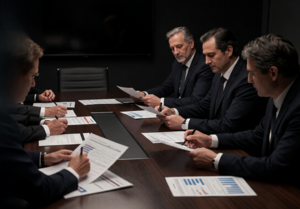 Executive leadership team reviewing operational performance strategy in a corporate boardroom