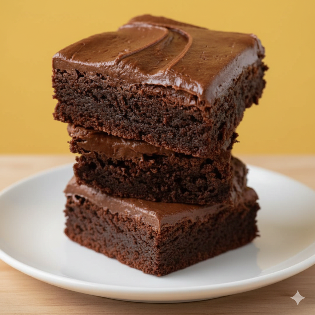 Three stacked chocolate brownies with a glossy chocolate frosting on top, on a white plate against a yellow background.