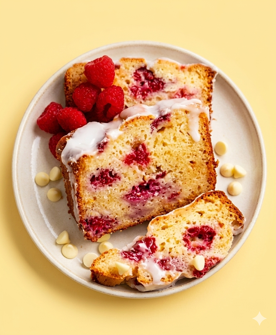 Slices of raspberry cake with white icing, served on a white plate with fresh raspberries and white chocolate chips, set against a yellow background.