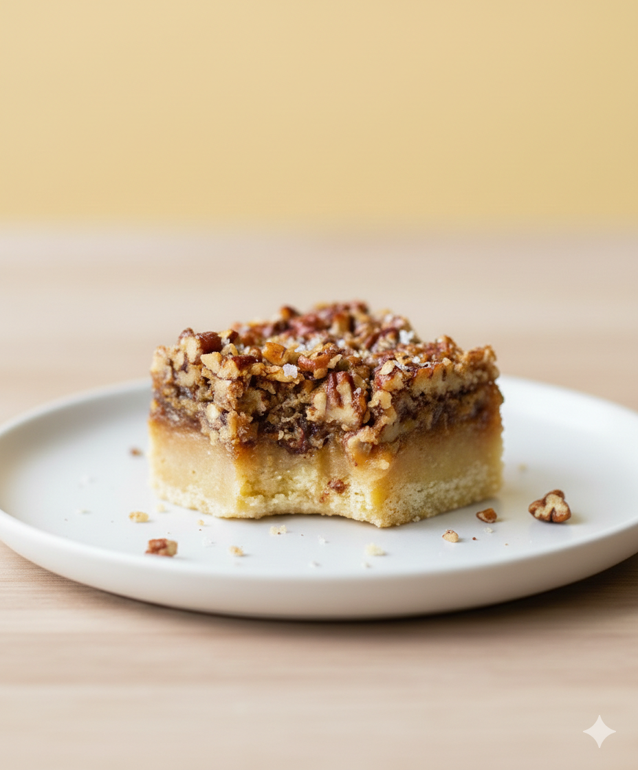 Square piece of dessert with a crumbly nut topping served on a white plate.