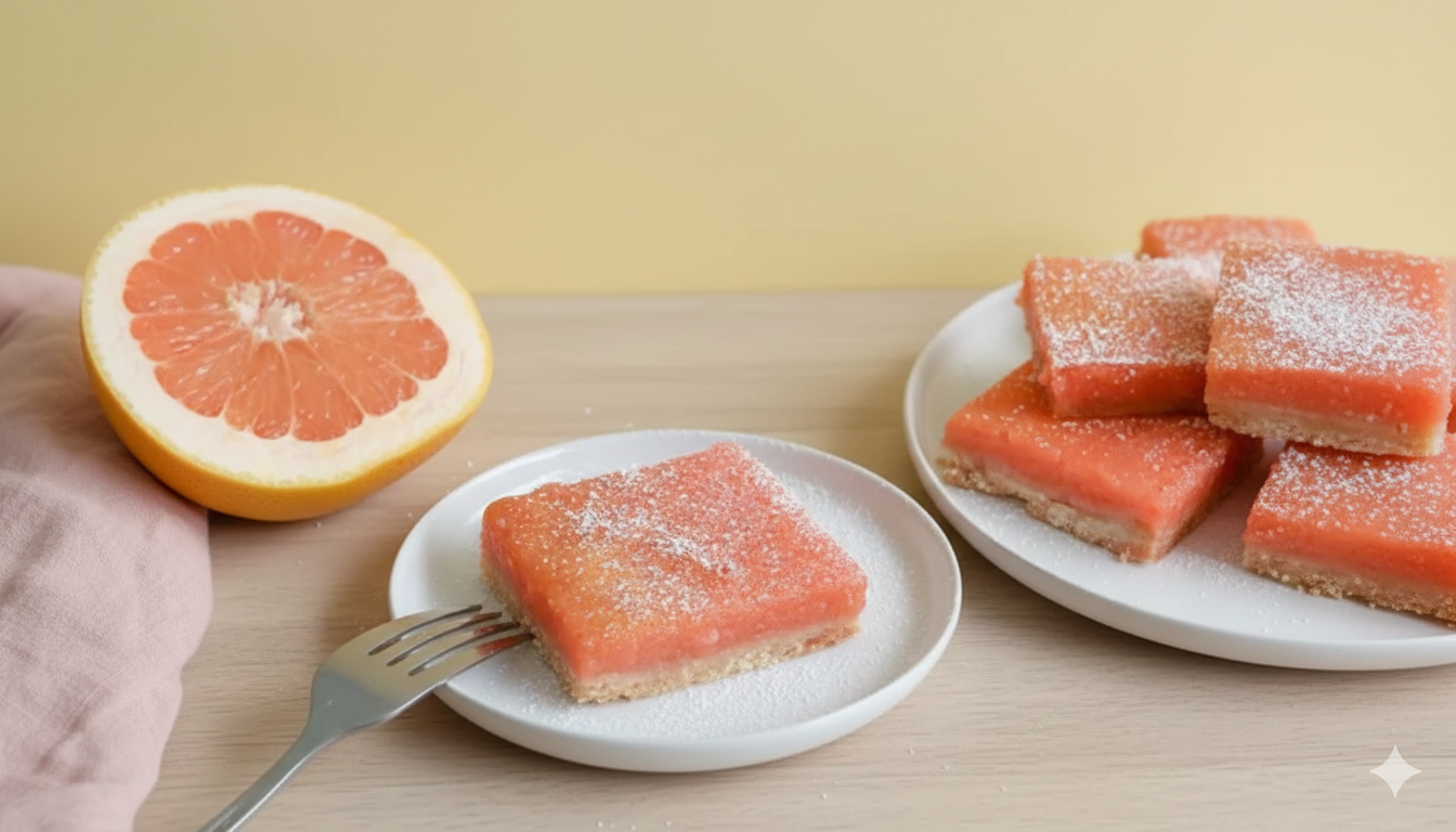 Sliced grapefruit and pink frosted lemon bars on white plates on a light wood table.
