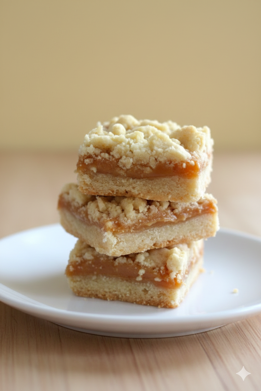 Three layers of crumbly peach cobbler bars stacked on a white plate, with a creamy filling and crumbly topping.