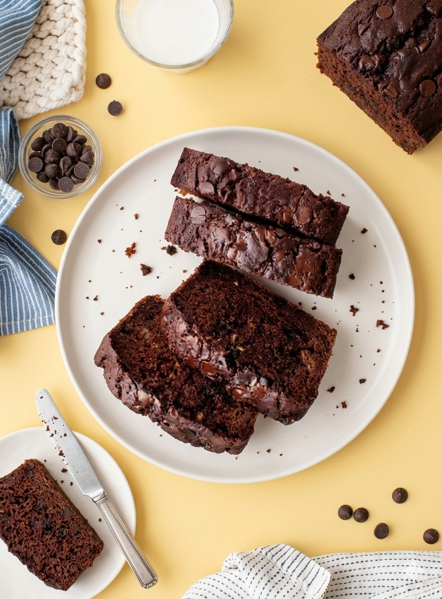 Chocolate cake slices on a white plate with crumbs, a glass of milk, chocolate chips, and a small plate with a piece of cake and a knife, set on a yellow background.