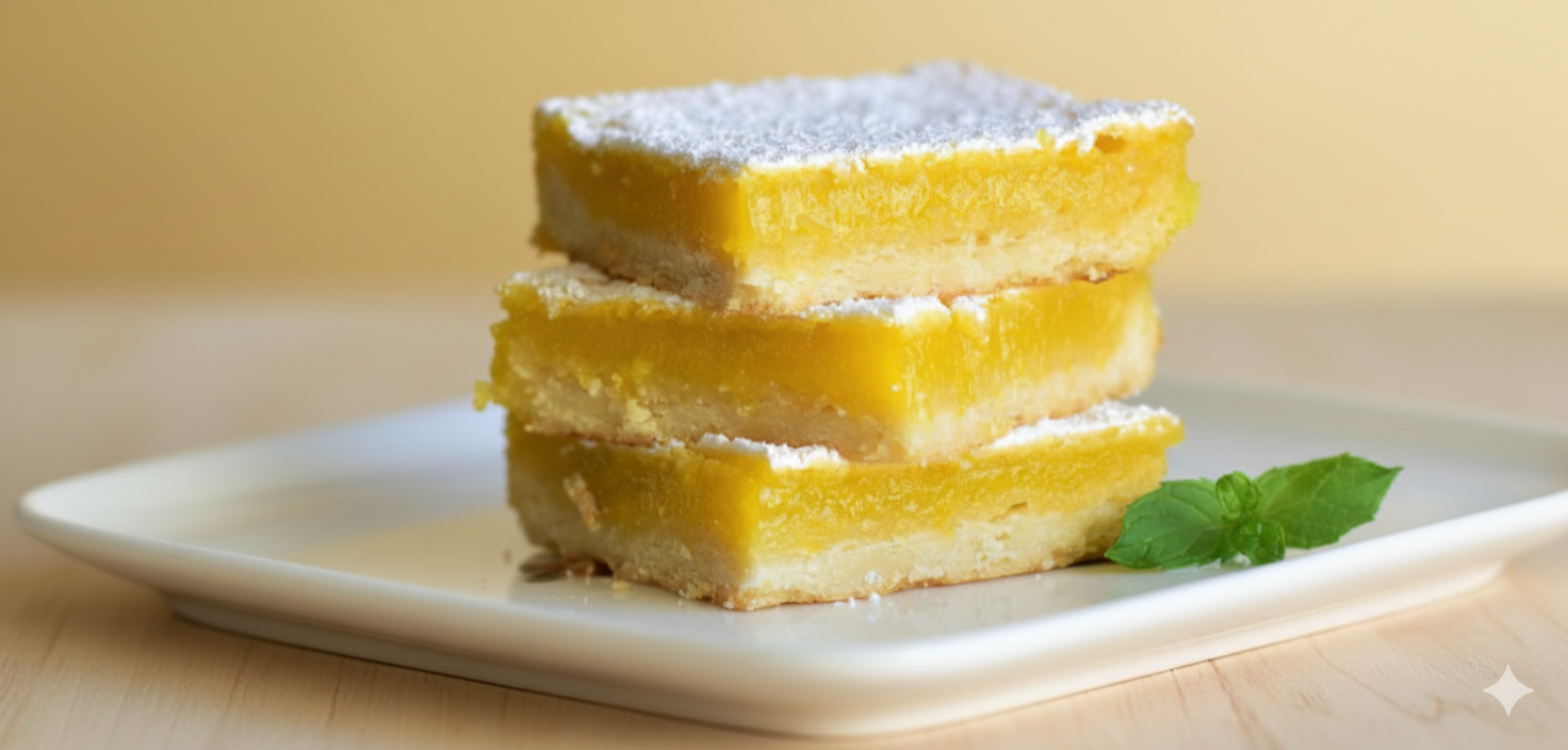Three lemon bars stacked on a white plate, garnished with a sprig of mint, with a light-colored background.