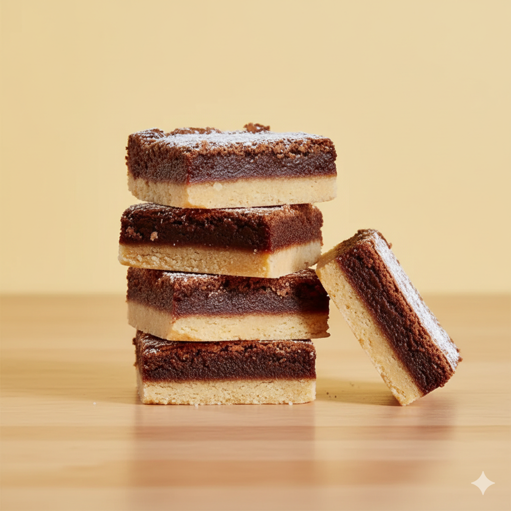 Stacked and leaning pieces of layered dessert with a creamy filling, chocolate, and powdered sugar on top, on a wooden surface.