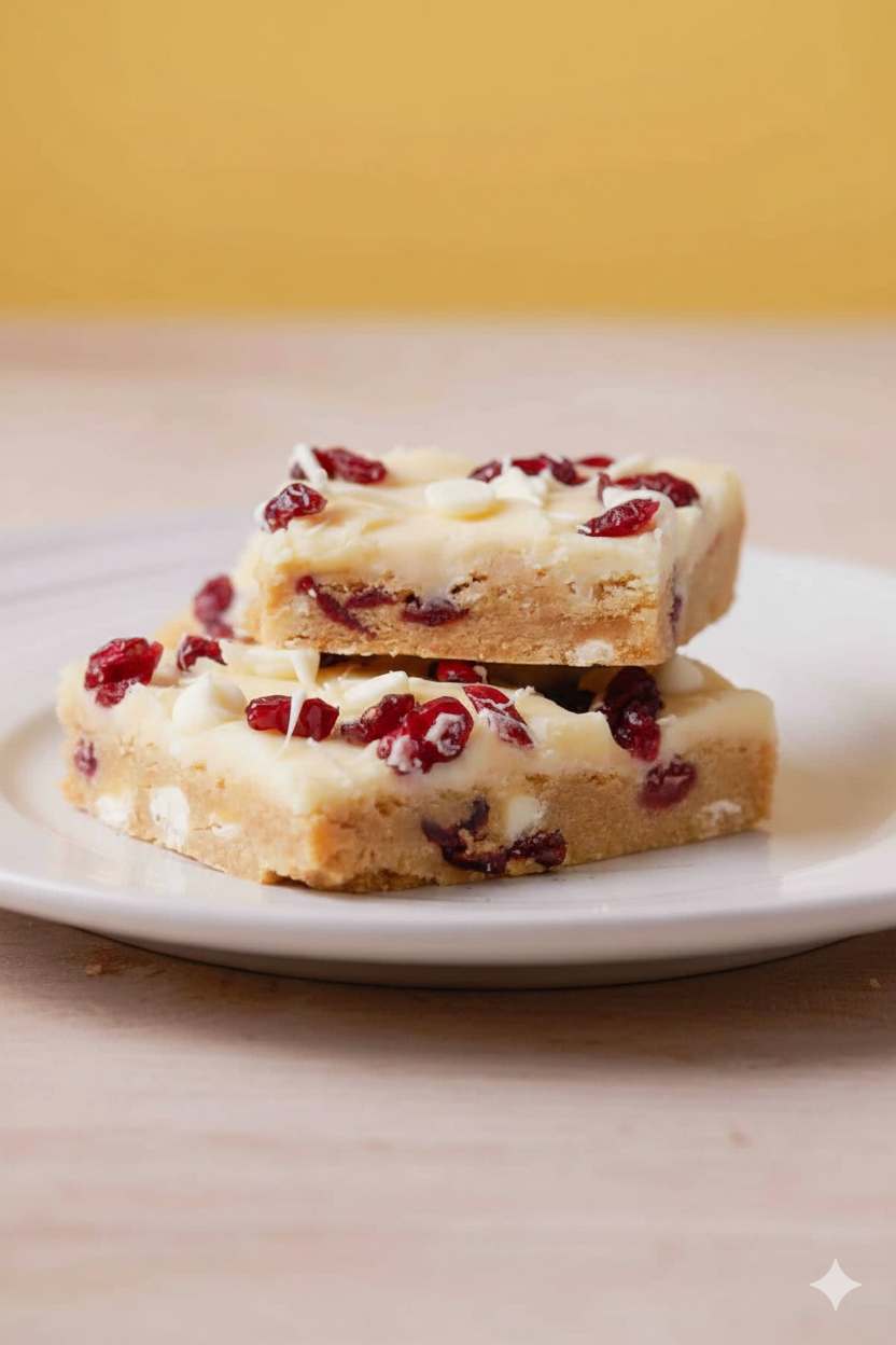 Two pieces of white chocolate bark with dried cranberries and white chocolate shavings on a white plate