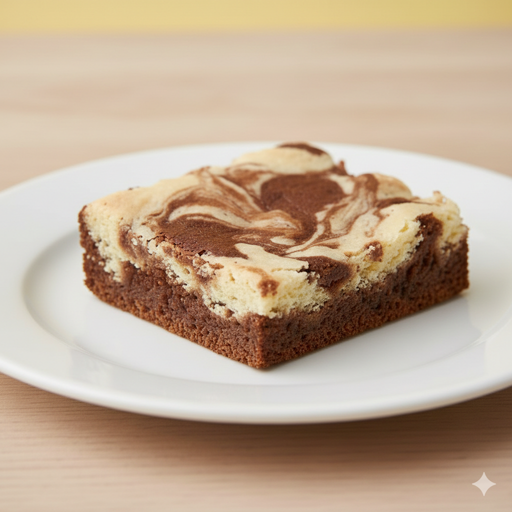 A square piece of marble cheesecake on a white plate with a light wood table background.