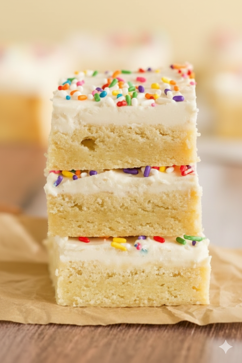 Three slices of birthday cake with white frosting and colorful sprinkles stacked on top of each other on a piece of parchment paper.