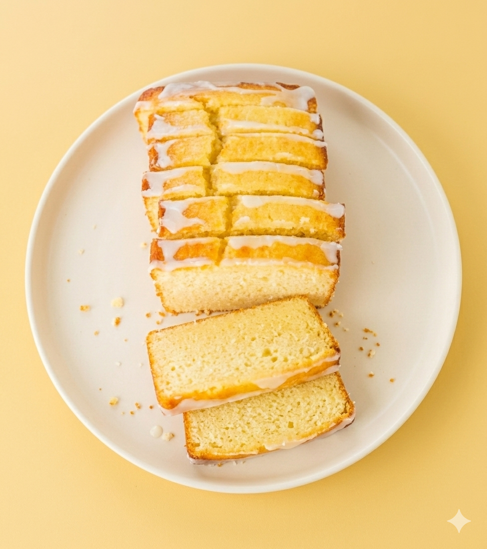 Slices of yellow cake with white icing on a white plate against a yellow background.