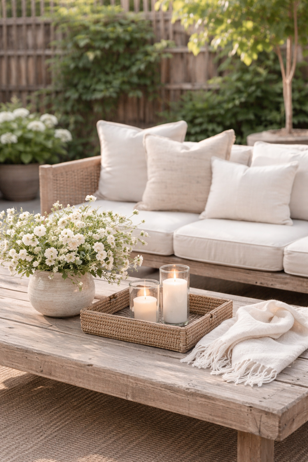Outdoor patio with a wooden coffee table, white flowers in a vase, three lit candles in glass holders, all set in a cozy seating area with a white cushioned sofa and pillows, surrounded by greenery and a wooden fence.