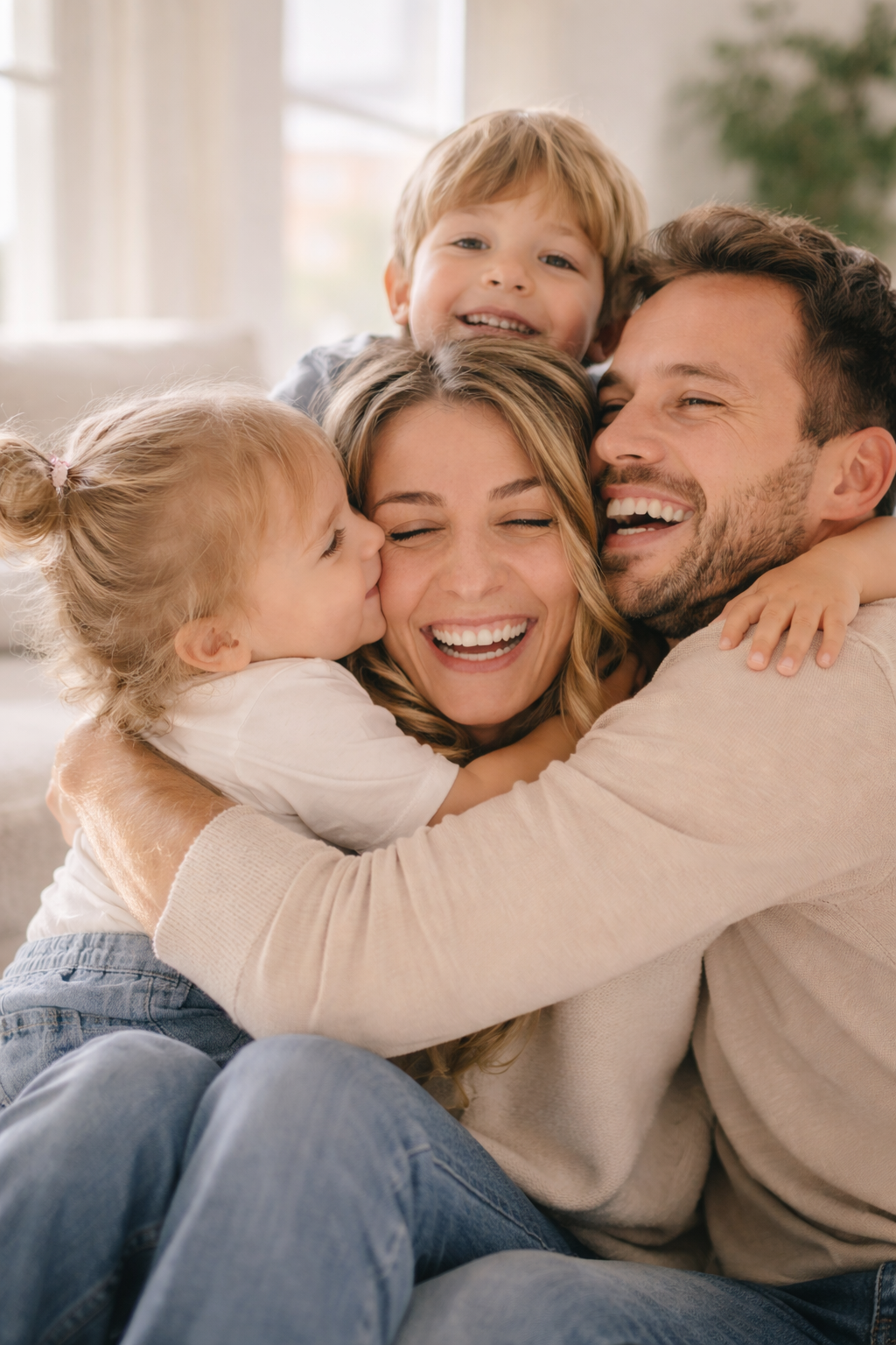 A happy family of four, including a mother, father, and two young children, all smiling and hugging each other closely inside a bright room.