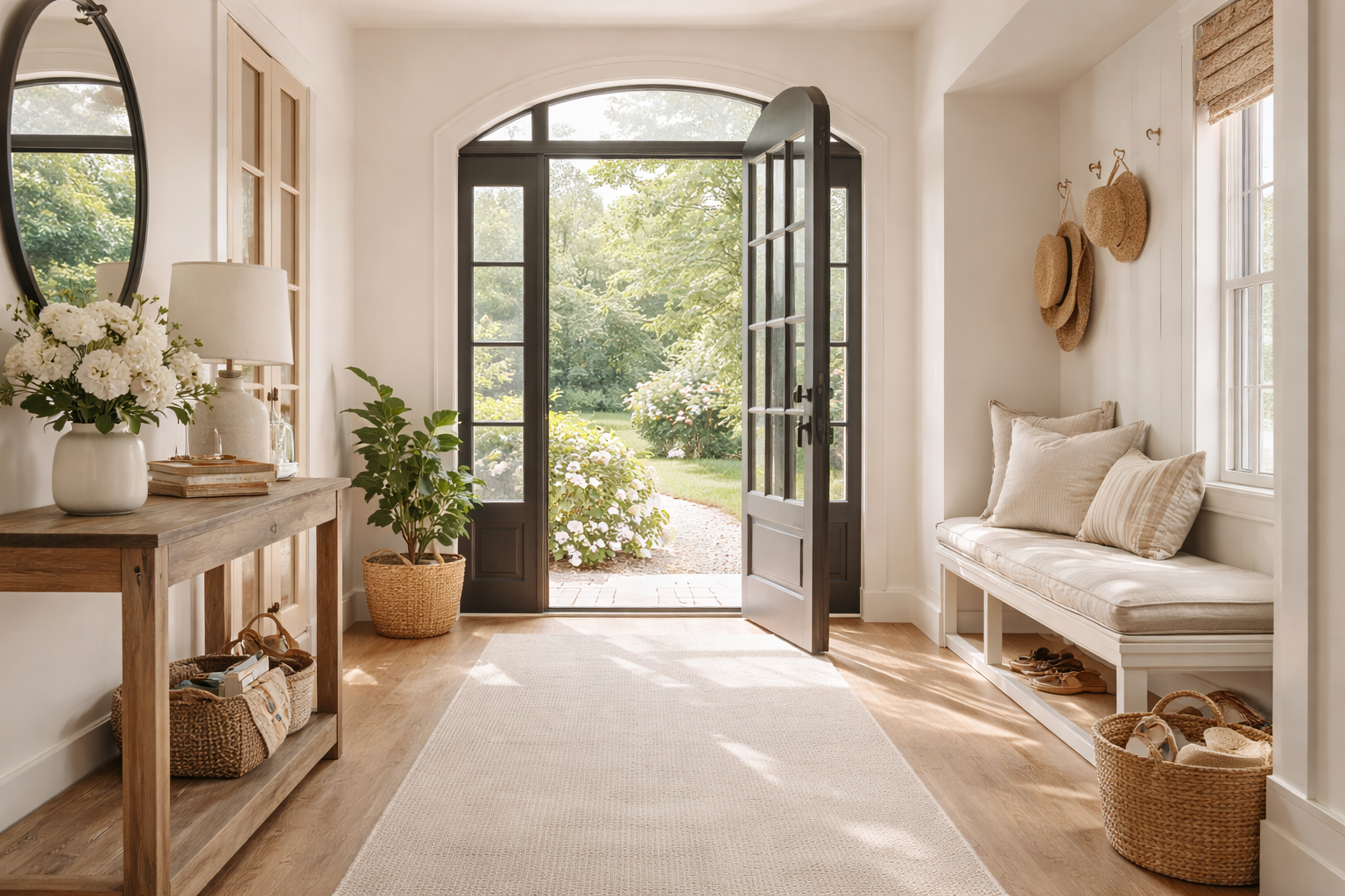 Bright entryway with open black front door, view of garden with blooming hydrangeas, white bench with pillows, woven baskets, and potted plants, in a neutral-colored home.