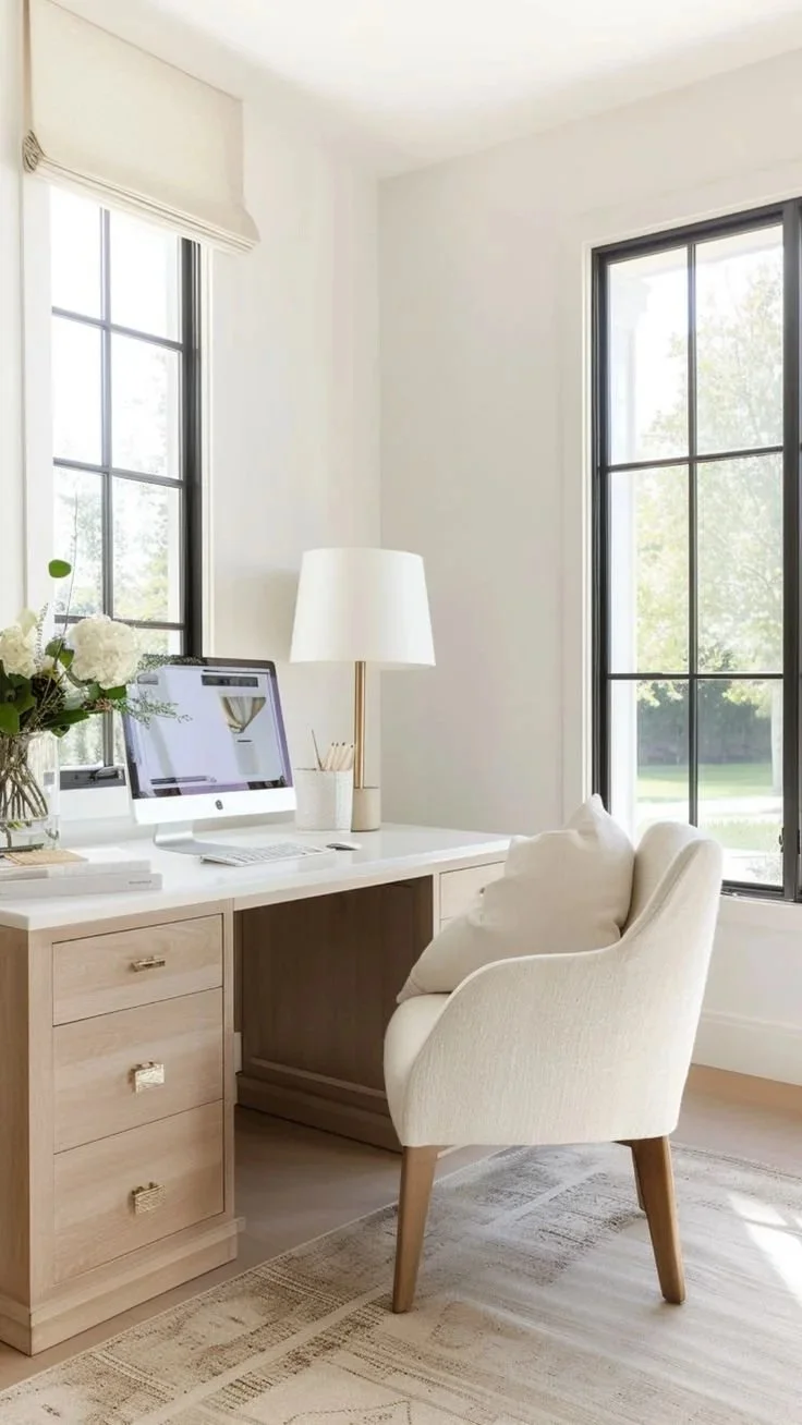 A bright, minimalist home office with a white desk, a white chair, a computer monitor, a white table lamp, and a vase of white flowers, with large windows letting in natural light.