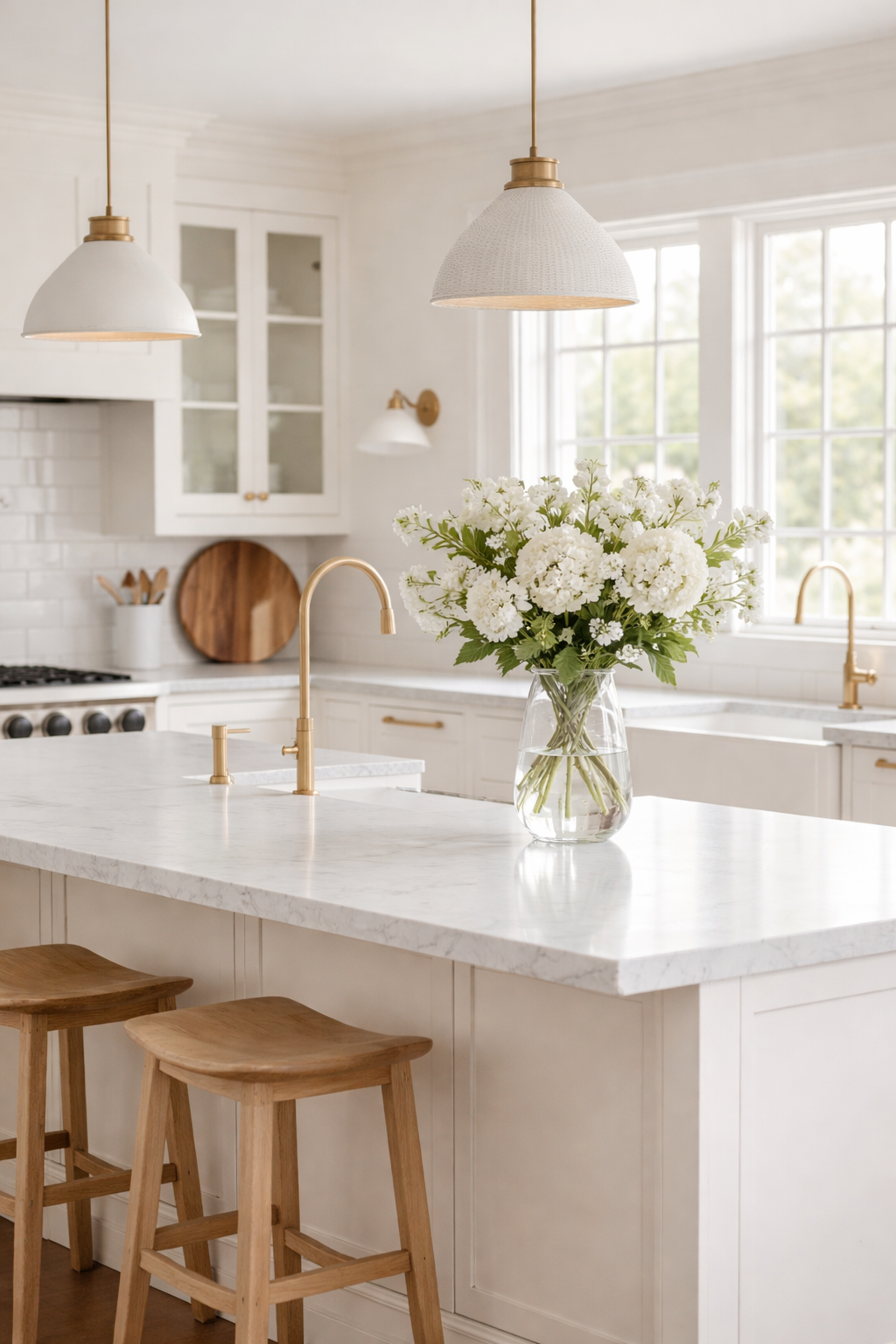 Bright kitchen with white cabinetry, marble countertops, gold fixtures, large window, and a vase of white flowers on the island.